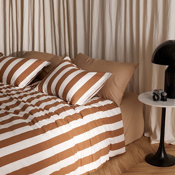 SIMONS Queen Brown White Stripe Duvet Cover Set - Picture 1 of 3